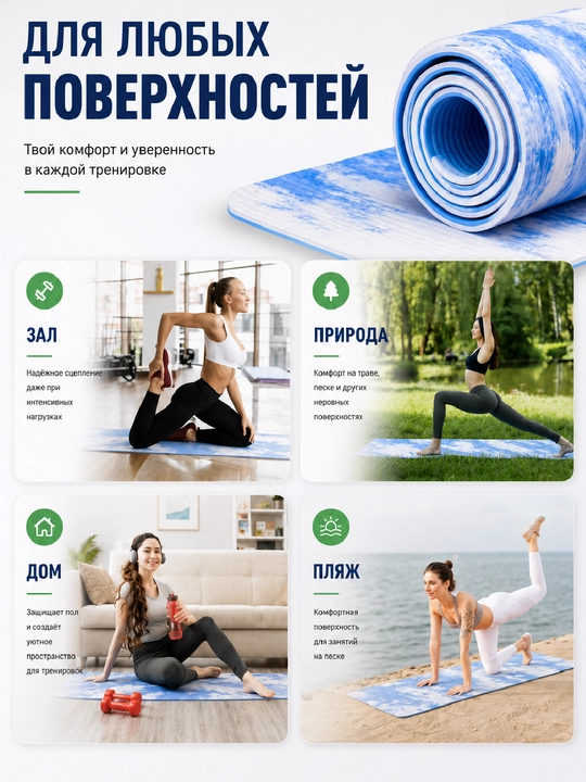 Коврик для йоги и фитнеса нескользящий, коврик для пилатеса с чехлом