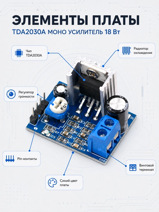 TDA2030A mono audio usilitel moduli, 6–12V DC, ko‘rsatilgan quvvat 18W
