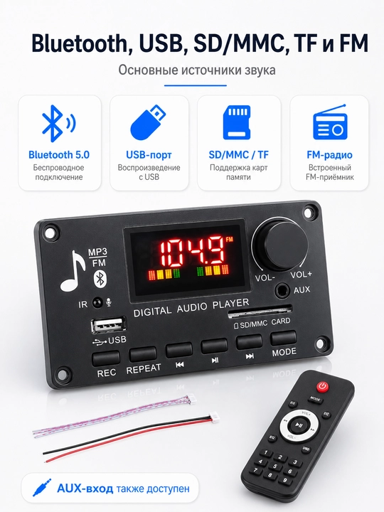 JQ-D009BT Bluetooth 5.0 MP3 аудио модуль, USB TF FM AUX, 2×40W