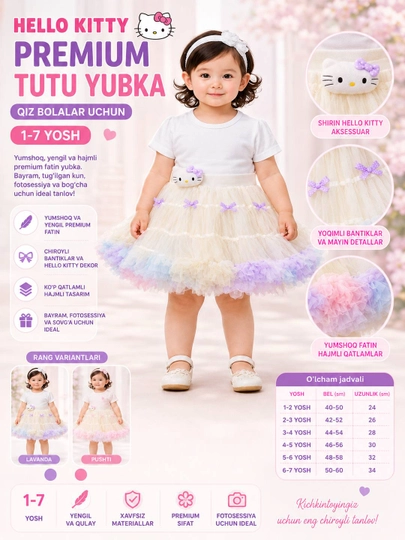 Пышная юбка пачка Hello Kitty для девочек premium фатиновая юбка, 2-7 лет