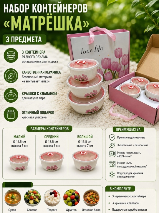 Konteynerlari to'plami 3 tasi 1 da matryoshka - 