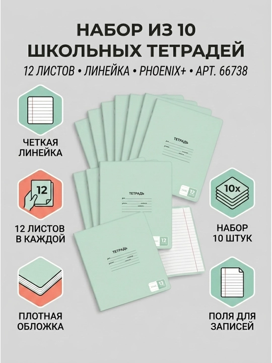 Набор школьных тетрадей, 10 шт., 12 л., линия, А5+, арт. 66738 - 