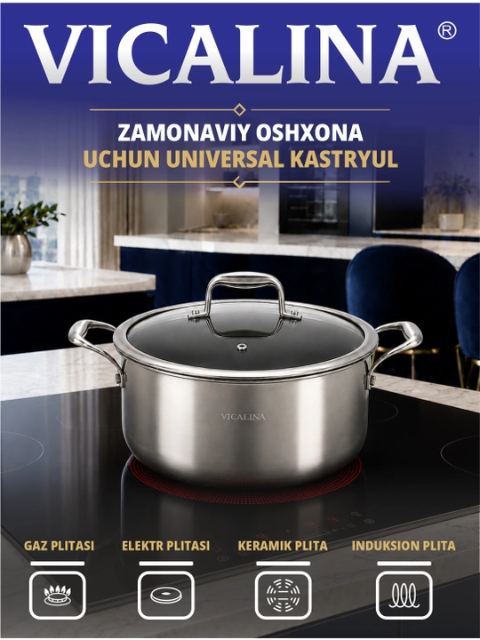 Vicalina katta kastryulkasi, zanglamaydigan po‘latdan yasalgan oshxona idishlari, kuyishga qarshi qoplama