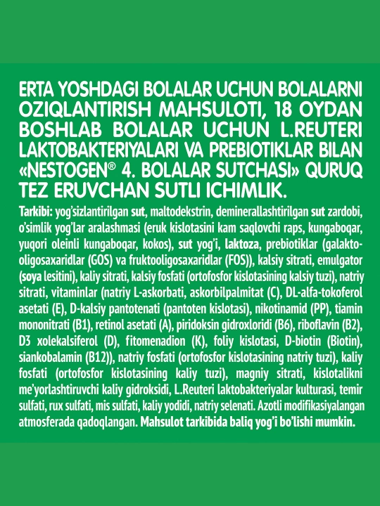 Quruq sut aralashmasi Nestogen 4, prebiyotiklar va laktobakteriyalar bilan, 18+ oy, 300 gr