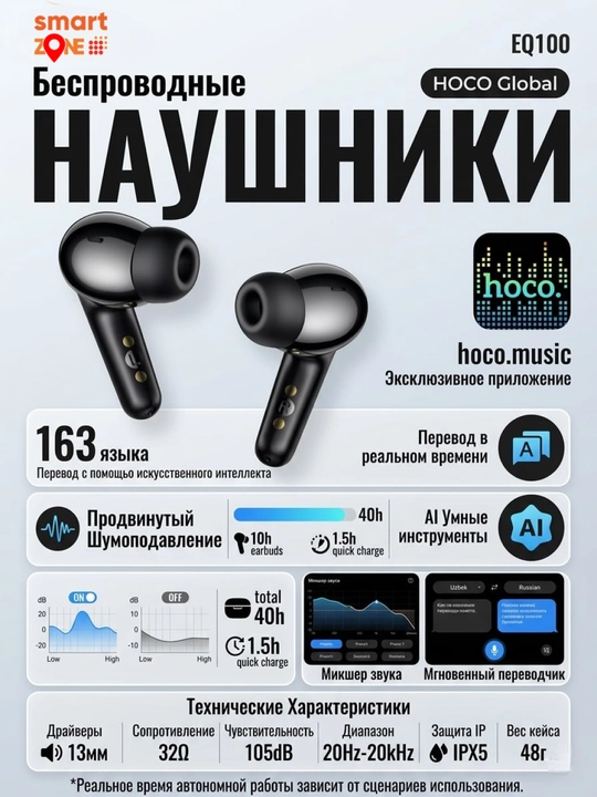 Simsiz quloqchinlar Hoco EQ100, AI tarjimon, Bluetooth 5.4 ANC+ENC shovqinni cheklash
