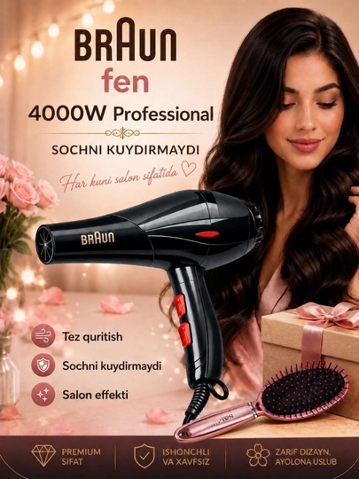 Профессиональный фен для волос Braun BR-6012 4000W 2 насадки