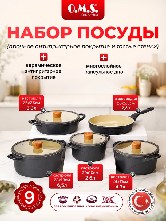Набор кухонной посуды– кастрюли, казаны и сковороды с керамическим покрытием, модель 12051 - 