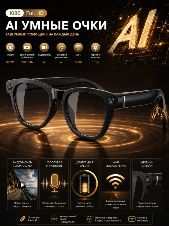 AI Smart Ko‘zoynak Full HD 1080P kamera, Wi-Fi va ovozli boshqaruv bilan