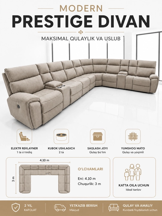LUXURY U-Gollok Divan Reklaynerli Yumshoq Burchakli Divan 4.10x3m - 