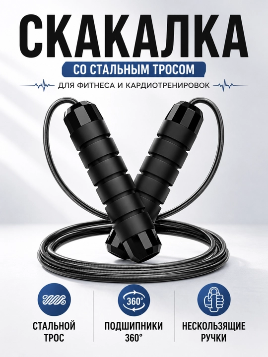Скакалка для фитнеса со стальным тросом и подшипниками 360° - 