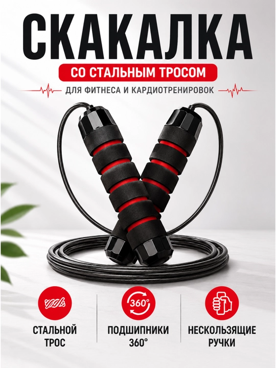 Скакалка для фитнеса со стальным тросом и подшипниками 360° - 
