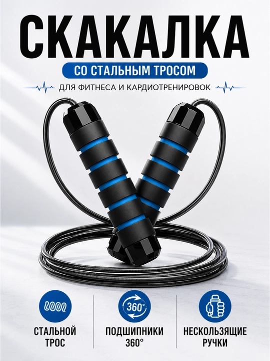 Скакалка для фитнеса со стальным тросом и подшипниками 360° - 