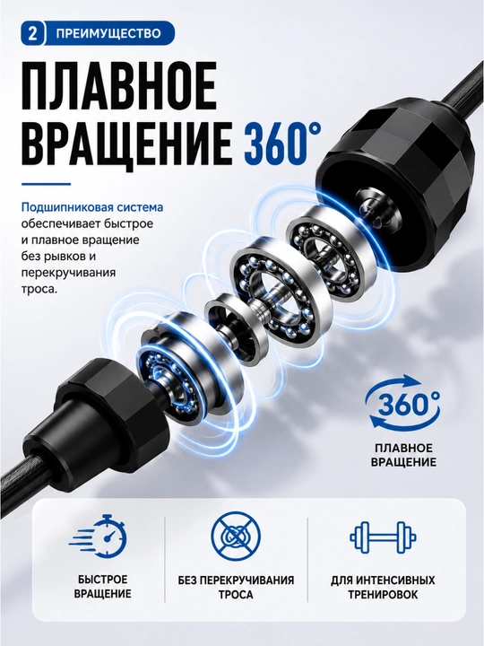 Скакалка для фитнеса со стальным тросом и подшипниками 360°