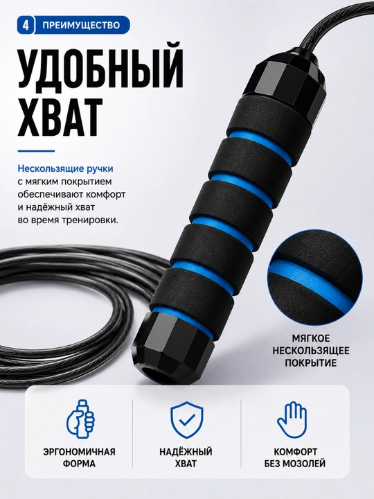 Скакалка для фитнеса со стальным тросом и подшипниками 360°