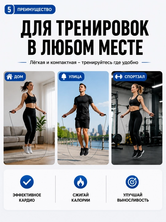 Скакалка для фитнеса со стальным тросом и подшипниками 360°