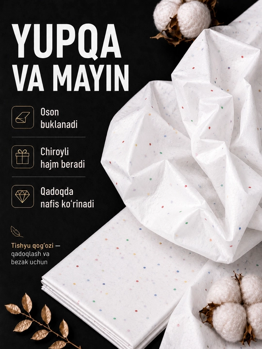 Sovg‘alar, gullar va qo‘l mehnati uchun mo‘ljallangan, 50×66 sm o‘lchamdagi, 10 varaq qadoqlash uchun mo‘ljallangan tushyu qog‘ozi