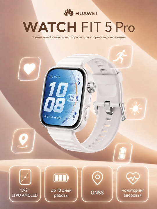 Фитнес часы HUAWEI WATCH FIT 5 Pro AMOLED ECG GPS NFC Bluetooth 6.0 10 дней 5ATM - 