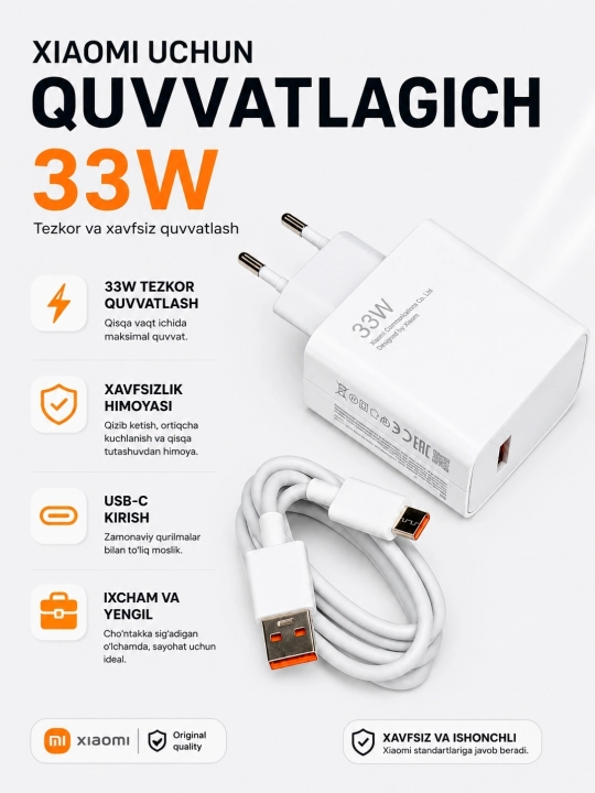 Samsung va Xiaomi Redmi uchun tezkor quvvatlash qurilmasi 120 Vt, 33 Vt Type-C kabeli - 