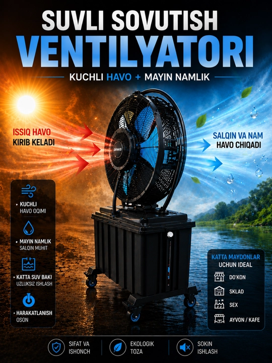 Premium Sanoat Havo Sovutgichli Ventilyator | Kuchli Air Cooler | Qora