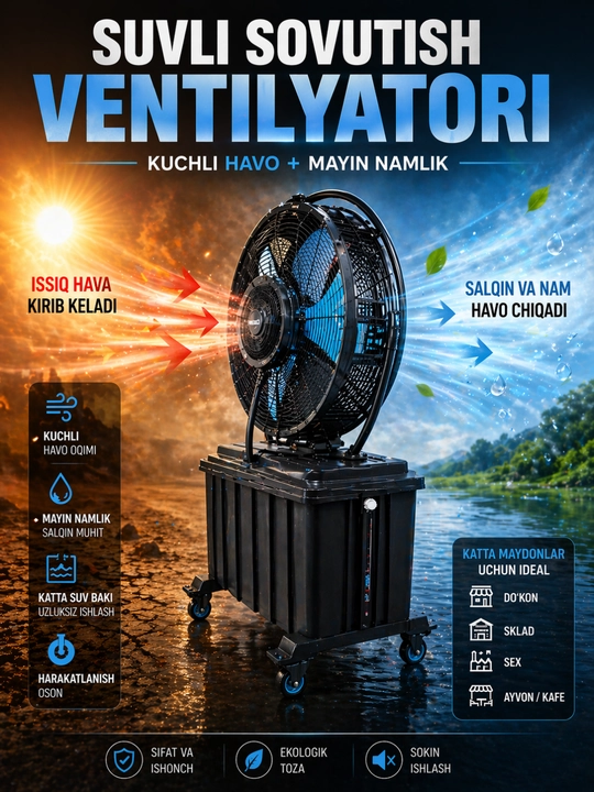 Premium Sanoat Havo Sovutgichli Ventilyator | Kuchli Air Cooler | Qora