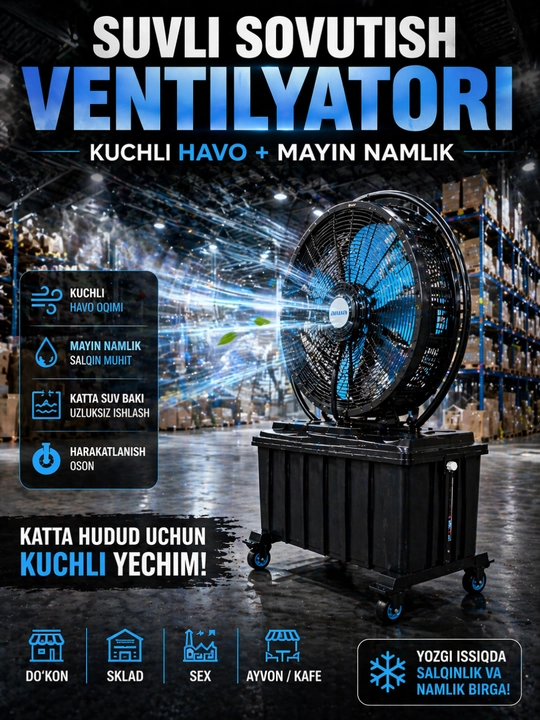 Premium Sanoat Havo Sovutgichli Ventilyator | Kuchli Air Cooler | Qora