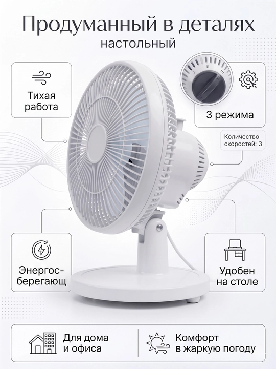 Stol ventilyatori, energiya tejamkor, 3 ta havo rejimli, jim ishlaydigan ventilyator