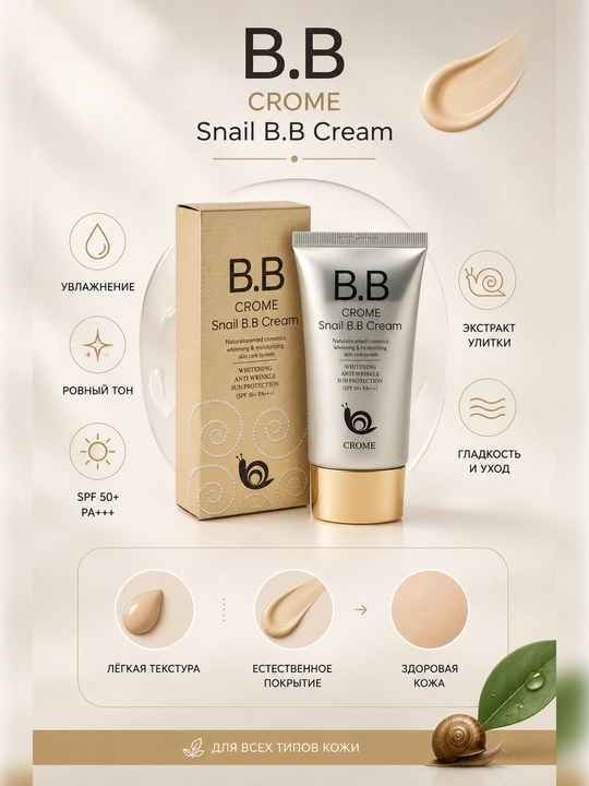 Многофункциональный, отбеливающий, BB крем Crome Snail BB Cream SPF50+, крем для лица, 50мл - 