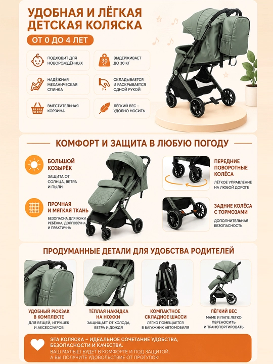 Лёгкая детская коляска, с механической спинкой, от 0 до 4 лет, нагрузка до 30 кг