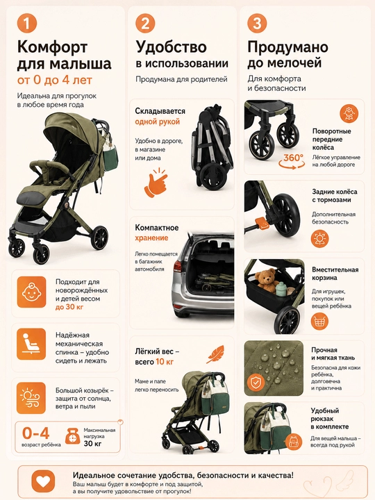 Лёгкая детская коляска, с механической спинкой, от 0 до 4 лет, нагрузка до 30 кг