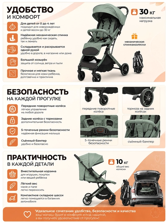 Лёгкая детская коляска, с механической спинкой, от 0 до 4 лет, нагрузка до 30 кг
