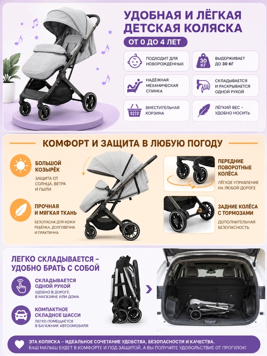 Лёгкая детская коляска, с механической спинкой, от 0 до 4 лет, нагрузка до 30 кг