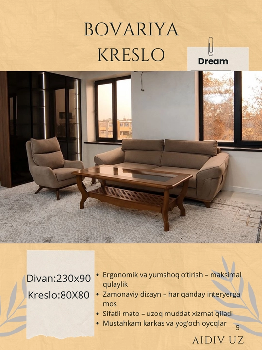 Bovariya divan kreslo to'plami