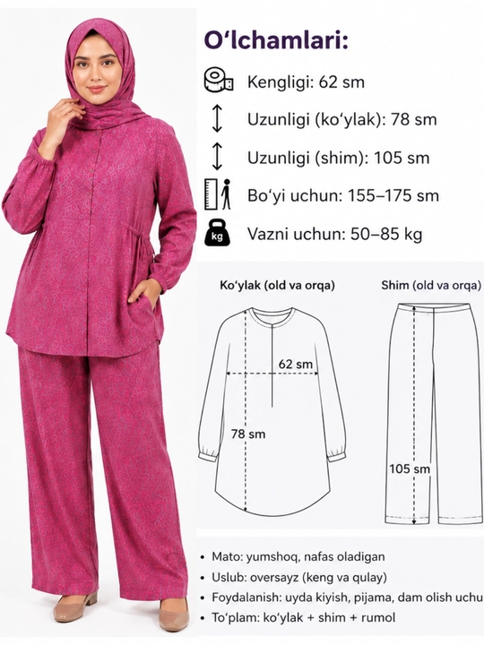Ayollar uy kiyimi komplekti, pijama to‘plami, ko‘ylak va shim, oversayz uslubdagi libos - 