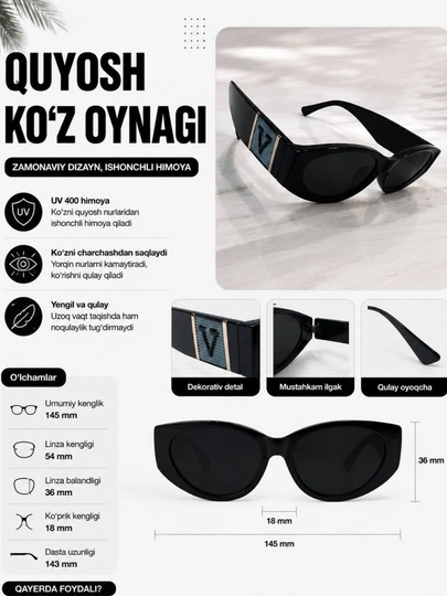 Quyosh ko‘zoynagi, ayollar ko‘zoynagi, polarized sunglasses, fashion glasses - 