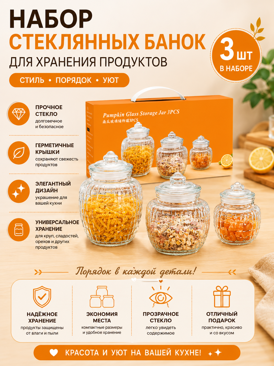 Кухонные стеклянные банки для хранения, набор для специй и сыпучих продуктов - 