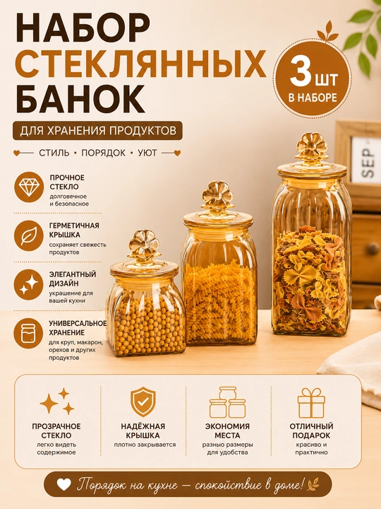 Кухонные стеклянные банки для хранения, набор для специй и сыпучих продуктов - 