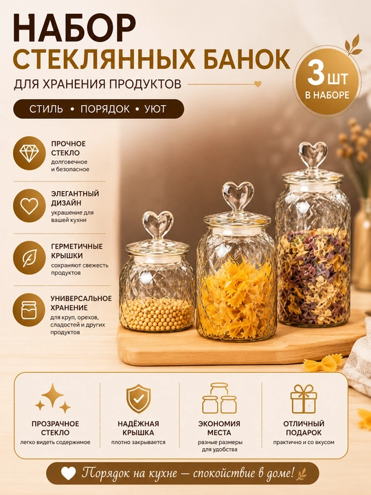 Кухонные стеклянные банки для хранения, набор для специй и сыпучих продуктов - 