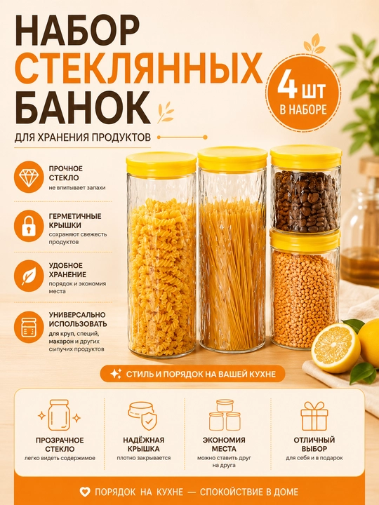 Кухонные стеклянные банки для хранения, набор для специй и сыпучих продуктов - 