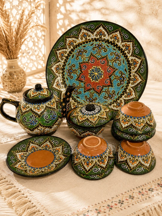 Milliy kulolchilik san’ati choy to‘plami Rishton naqshli premium keramika jamlanmasi - 