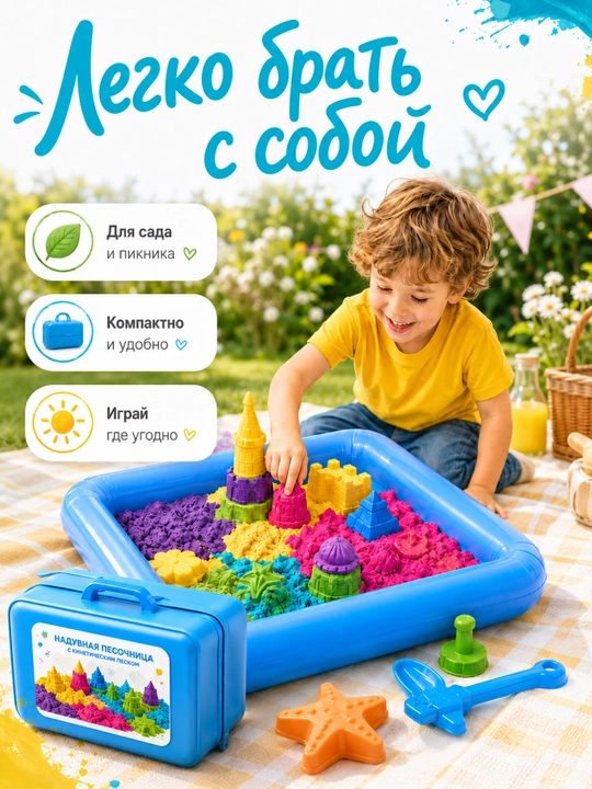 Kinetik qum 1/2 kg, puflanadigan qumdon, qoliplar va kurakchalar, bolalar uchun 3+