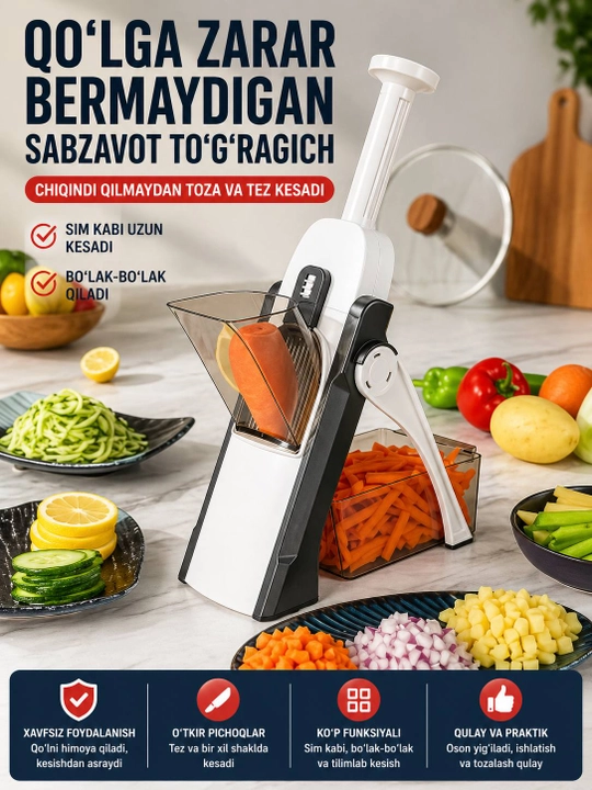 MultiCut Pro Ko‘p Funksiyali Sabzavot To‘g‘ragich – 6 xil kesish usuli - 