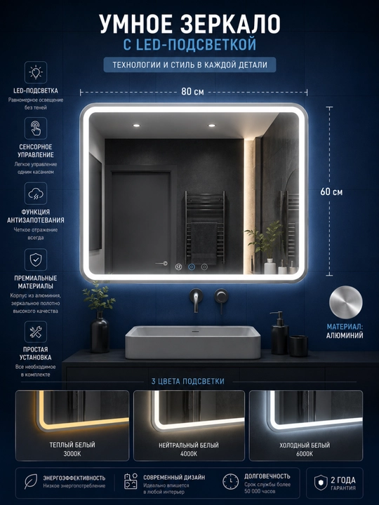 Умное зеркало с LED-подсветкой , сенсорное управление, антизапотевание - 