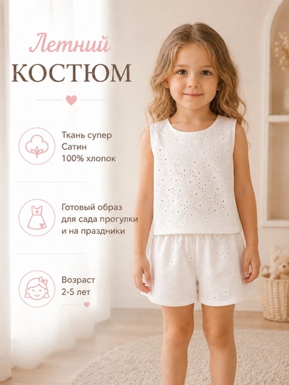 Летний костюм для девочек от 2 до 5 лет, из легкой, дышащей ткани 100% хлопок