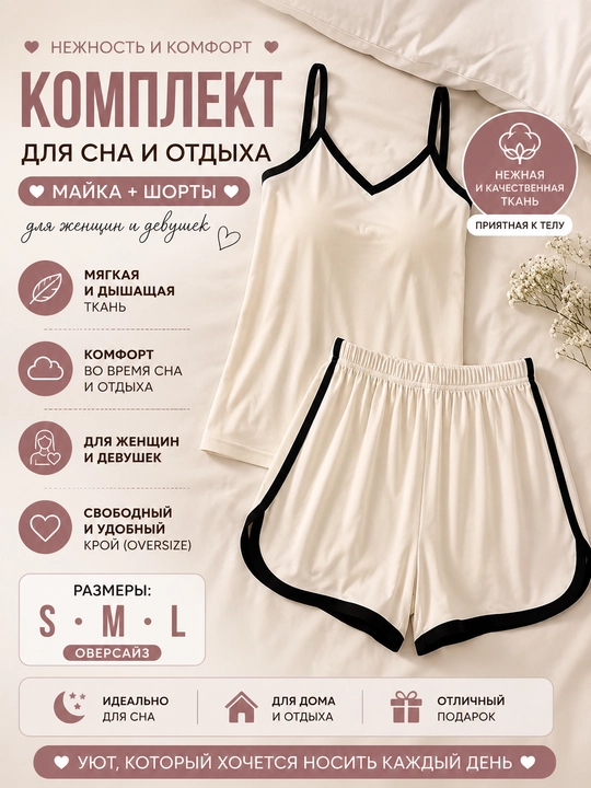 Ayollar va qizlar uchun mayka va shortikdan iborat tungi kiyim to‘plami (SML - oversize) - 