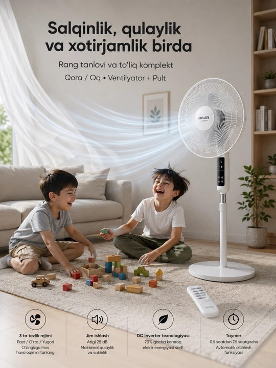 AIWA DC Inverter Ventilyator – Pultli, Oq/Qora, 3 Tezlik, Taymerli - 