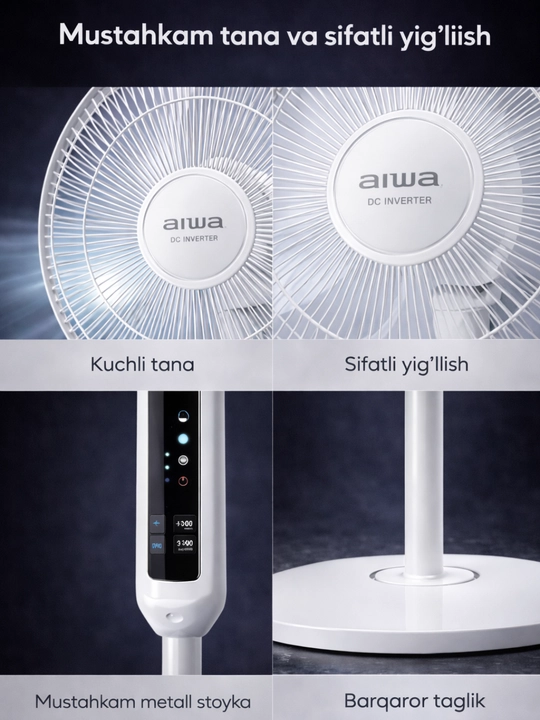 AIWA DC Inverter Ventilyator – Pultli, Oq/Qora, 3 Tezlik, Taymerli