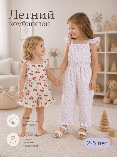 Летний комбинезон, песочник на резинке для девочек 1–5 лет, из легкой хлопковой ткани