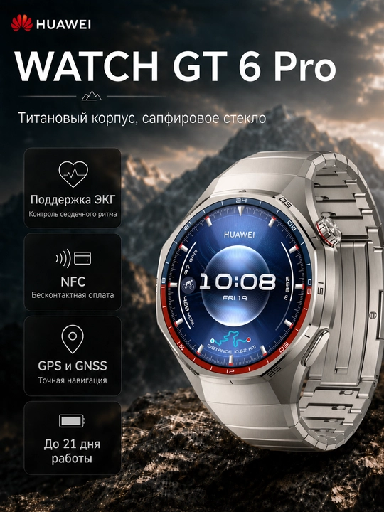 Смарт часы HUAWEI WATCH GT 6 Pro AMOLED ECG GPS NFC Bluetooth 6.0 21 дней IP69 5ATM - 