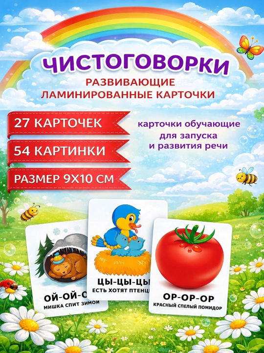 Katta o‘lchamdagi, laminatlangan, kichkintoylar uchun "Sof gapirish"ni rivojlantiruvchi kartochkalar - 