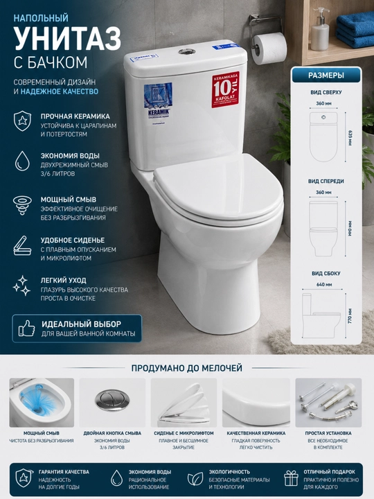 Унитаз-компакт напольный с бачком, микролифт, двойной слив 3, 6 л - 